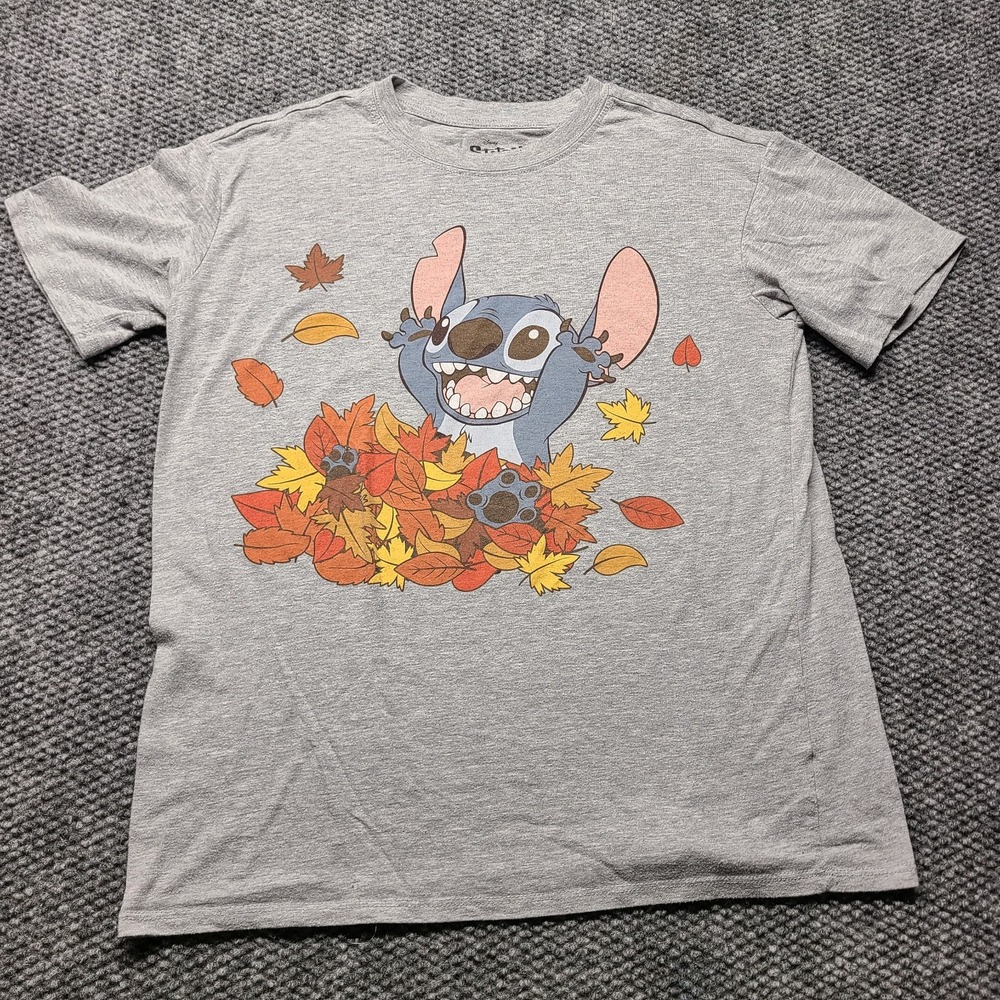 Disney Stitch T-Shirt Womens S (4-6) Gray Fall Leaf Pile Graphic Print Crew Neck